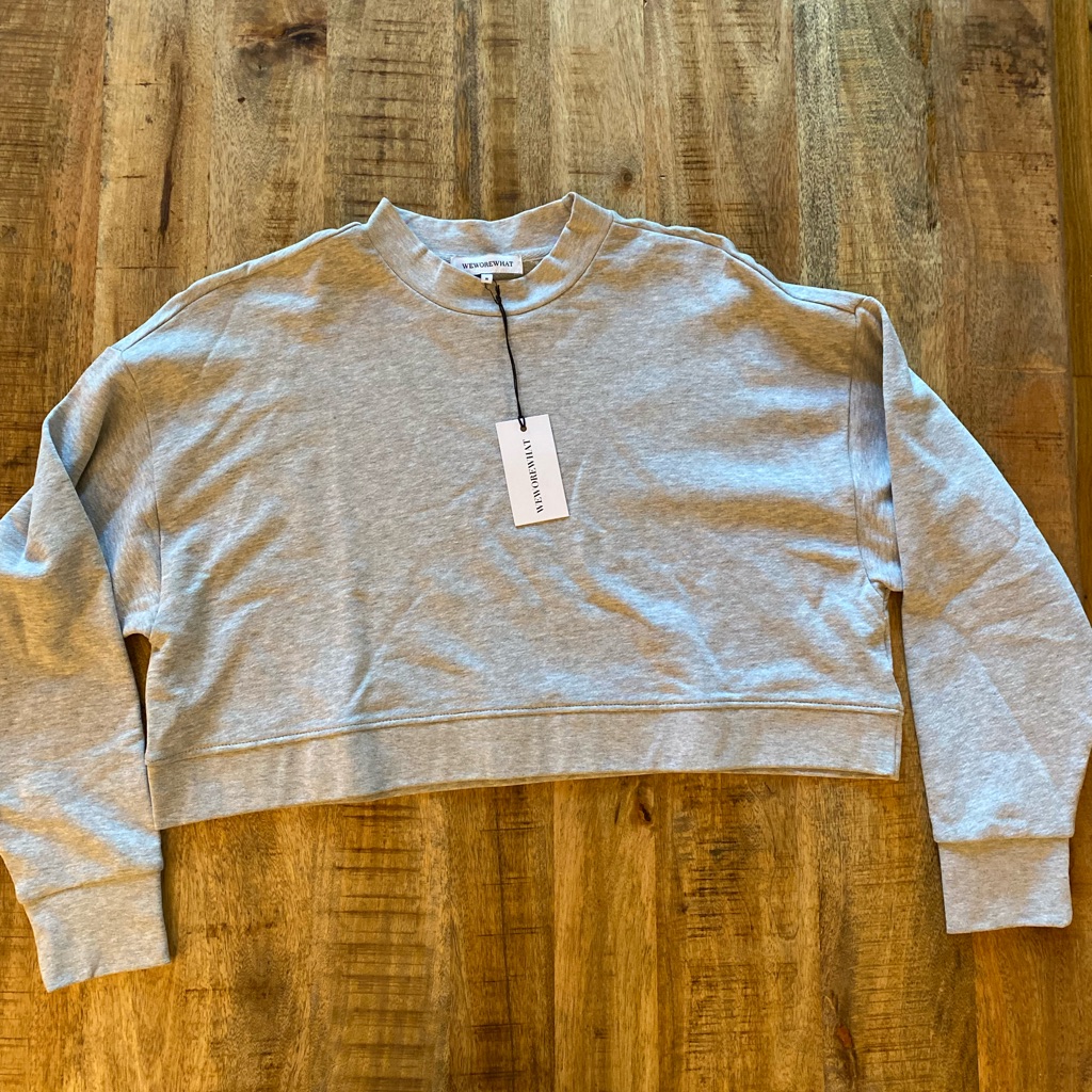 We Wore What Cropped Crop Crew Neck Cotton Terry Top Sweater Gray New Nwt